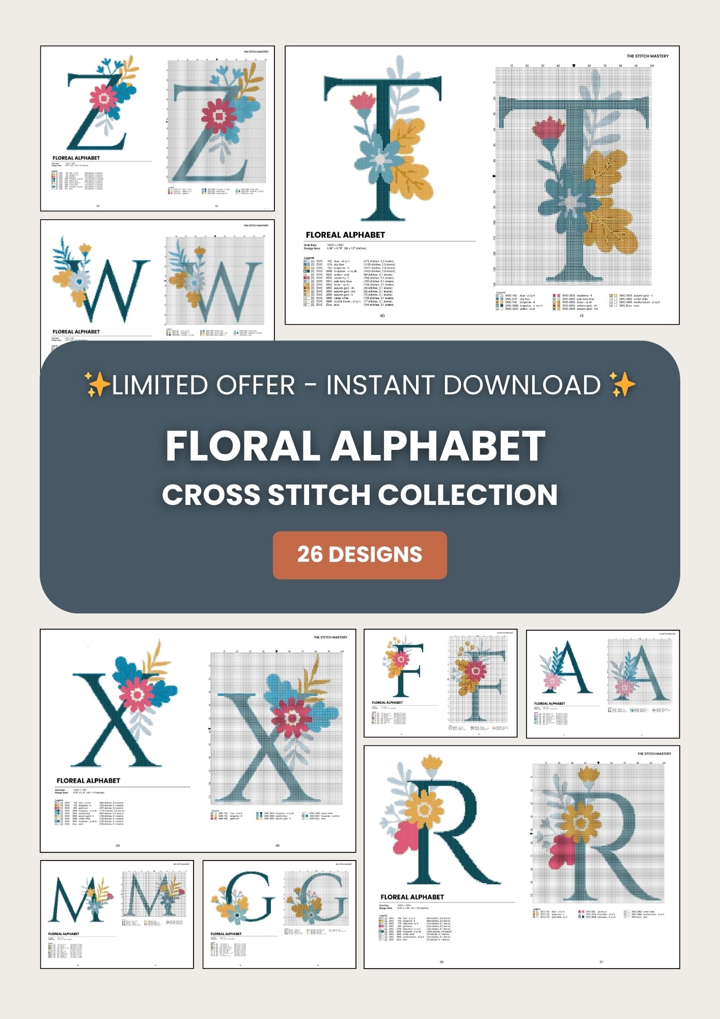 Floral Alphabet Cross Stitch Patterns – Monogram PDF Collection - Perfect Bundle Add-On